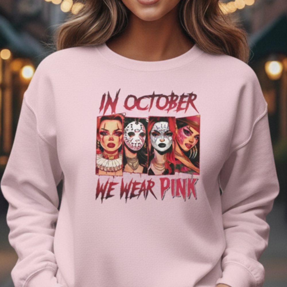 In October We Wear Pink Horror Halloween Breast Cancer Shirt