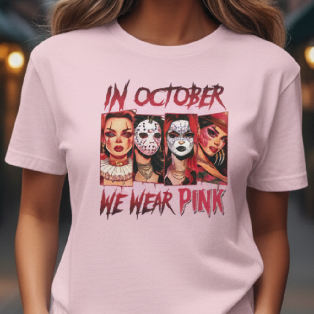 In October We Wear Pink Horror Halloween Breast Cancer Shirt