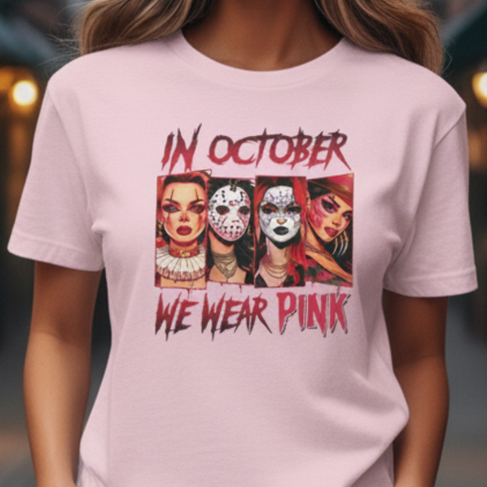 In October We Wear Pink Horror Halloween Breast Cancer Shirt