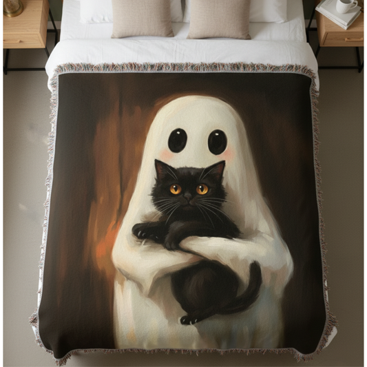 Sale - Ghost and Black Cat Woven Blanket