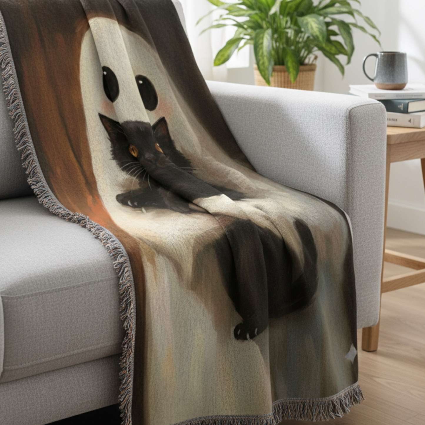 Sale - Ghost and Black Cat Woven Blanket